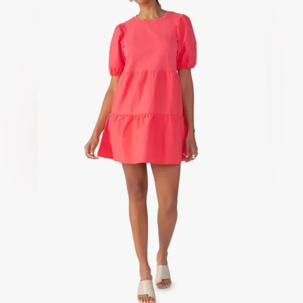 Sanctuary Poplin Mix Mini Dress Tiered Skirt Puff Sleeve Island Pink XS Summer